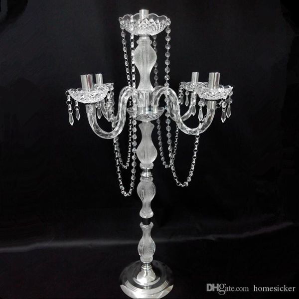 10 acrylic and metal candelabras with crystal drops, 90cm tall, 5-arm wedding centerpiece decor