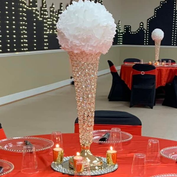 10 tall striped cone-shaped clear glass vases (50-90cm) with crystal beads for wedding and event floral decor