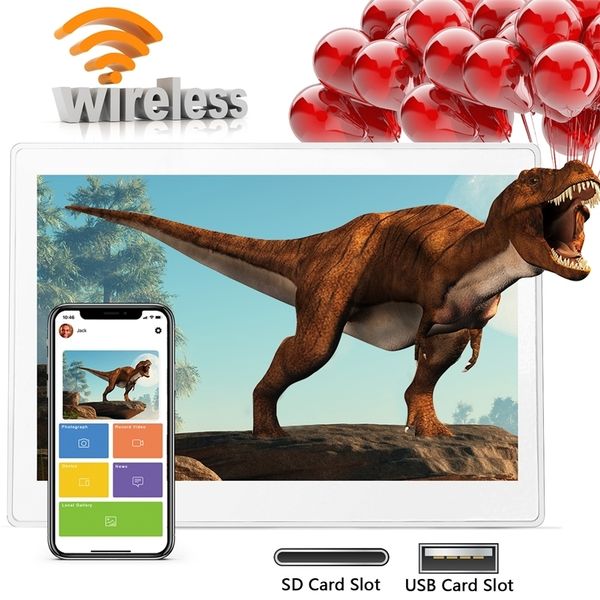 10.1-inch HD IPS touchscreen digital photo frame with quad-core processor, Bluetooth, WiFi, MP3/MP4 playback, and alarm clock
