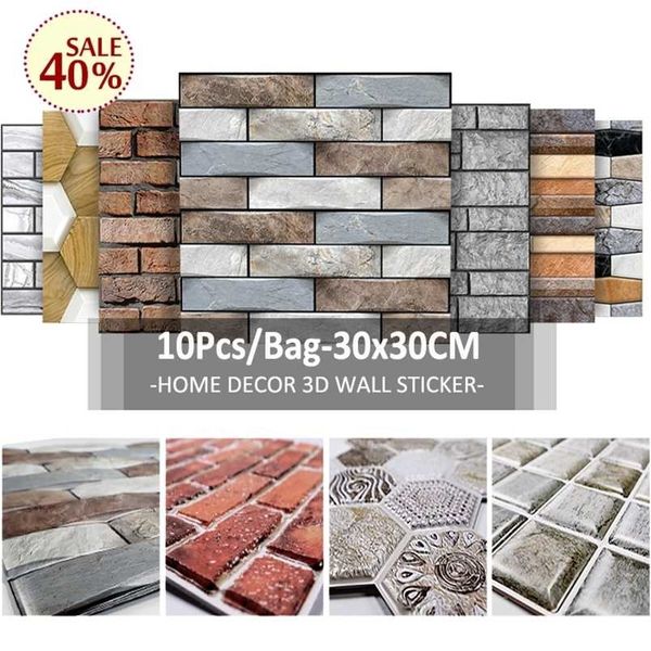 10-piece 3D self-stick brick wall decals for DIY stone-style home decor in kitchen or living room, waterproof tile stickers 211124
