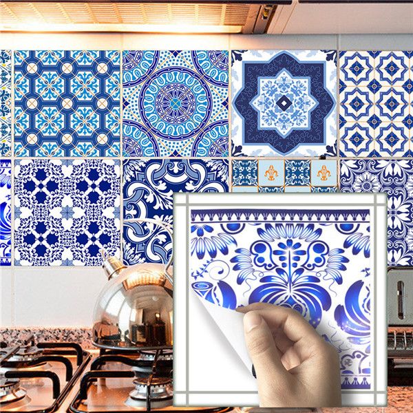 10-piece set of classic blue and white oil-resistant ceramic tile stickers for kitchen wall decor and home accessories