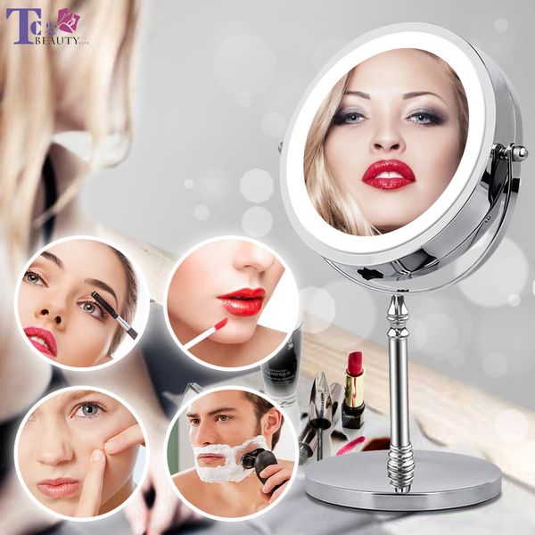 10X magnifying LED makeup mirror with dual-sided round design for desktop vanity use