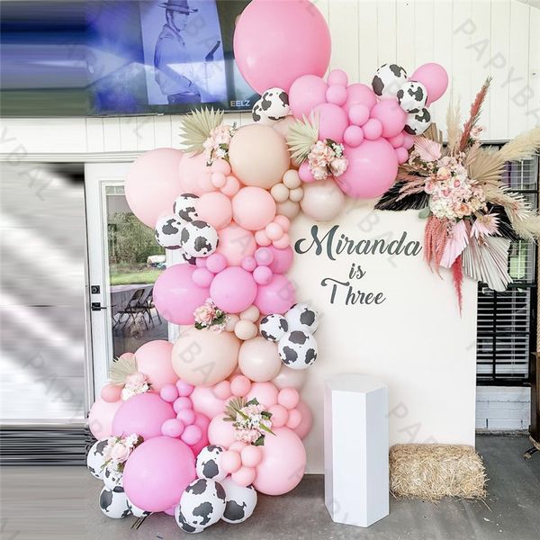 120-piece farm-themed decorative stickers with pink balloon garland arch kit and 12-inch printed balloons for birthday party decorations