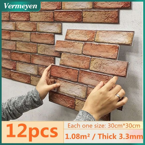 12-piece 3D brick stickers for waterproof DIY wall decor in bedrooms and kitchens