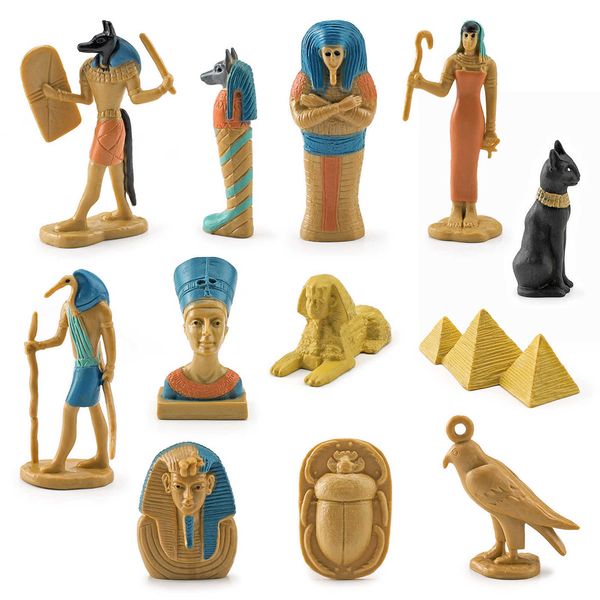 12-piece miniature Egyptian deity figurine set featuring Anubis, sphinx, and pyramid replicas