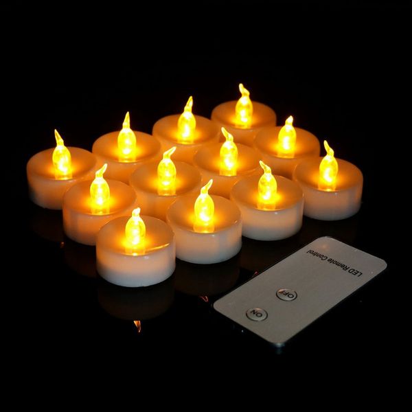 12-piece remote-controlled LED candles with flickering flame effect, battery-operated flameless tealights for weddings, birthdays, and Christmas