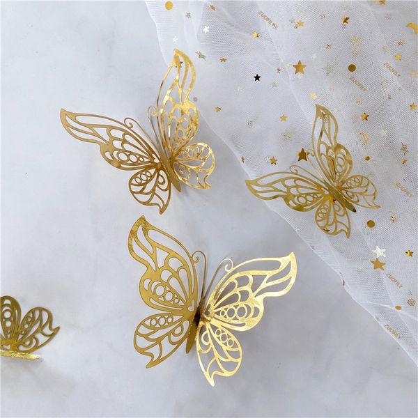 12-piece set of 3D hollow butterfly stickers in gold, silver, and rose for wedding and home decor