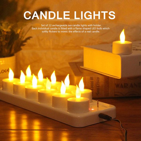 12-piece set of rechargeable LED flickering candle lights with simulated flame effect, ideal for home and wedding decor