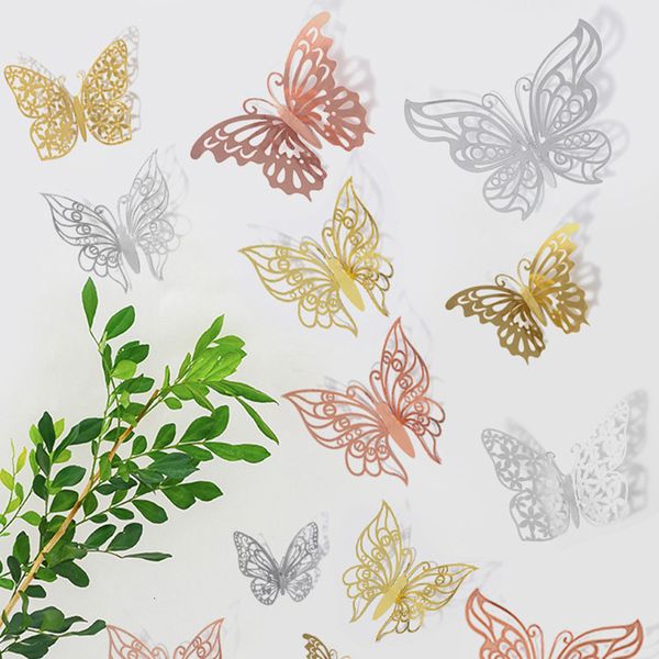 12-piece wall decal set featuring 3D hollow butterfly stickers in rose gold, silver, and colorful glossy finishes for window and home decoration