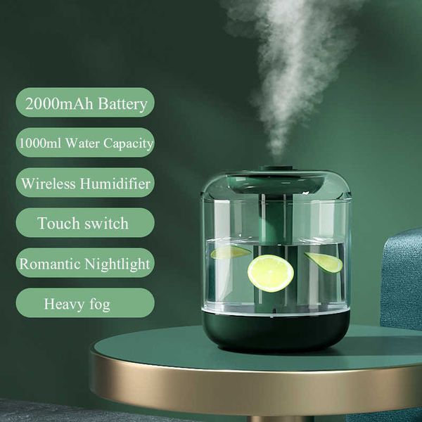 1L Wireless Air Humidifier with 2000mAh USB Rechargeable Battery, Ultrasonic Cool Mist Maker and LED Light