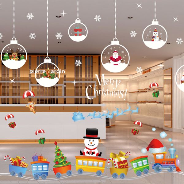 2018 Christmas window decals featuring removable snowflakes, Santa, and a sleigh ride with reindeer for DIY holiday decor