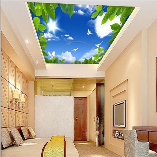2022 Custom 3D Ceiling Wallpaper featuring blue sky and green leaves design for living room stereoscopic murals