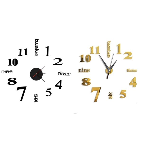2-piece 3D wall clock mirror stickers, large decorative watches for unique home DIY gifts in gold and black