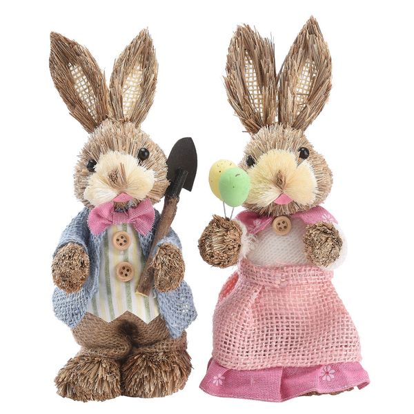 2-piece decorative straw bunnies, 23-35cm, cute Easter rabbit ornaments for home, party, and window decor