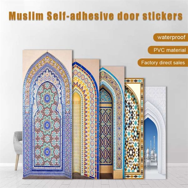 2-piece set of Muslim-style simulated door art stickers for DIY home decor, featuring peel-and-stick PVC wallpaper ideal for living rooms and bedrooms