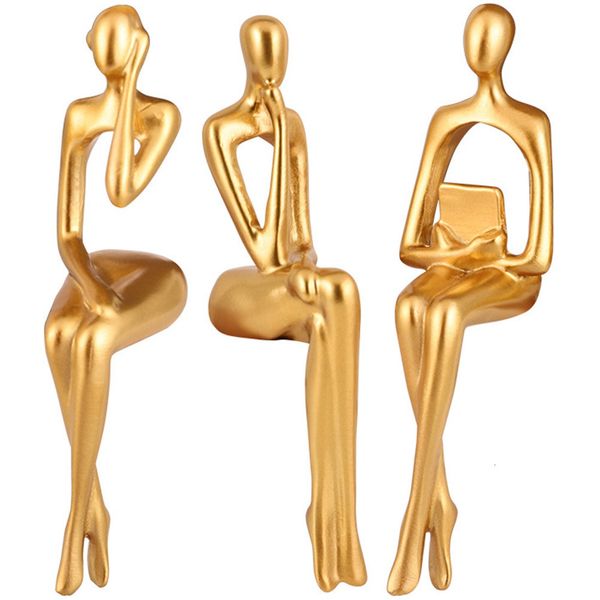 3 golden thinker figurines for home decor, shelf statue in gold resin