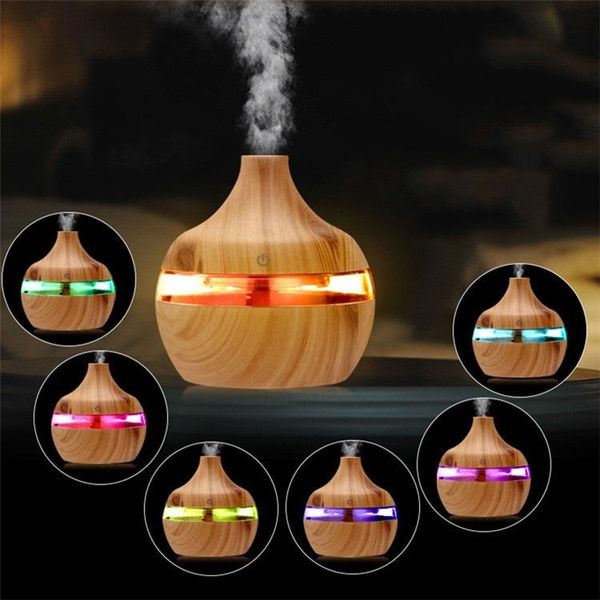 300ml bamboo wood grain humidifier with 7-color LED light for aromatherapy and essential oil diffusion