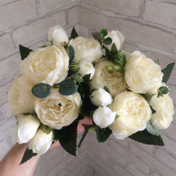 30cm artificial peony bouquet in rose pink silk with 4 buds, affordable fake flowers for wedding and home decor Y0630
