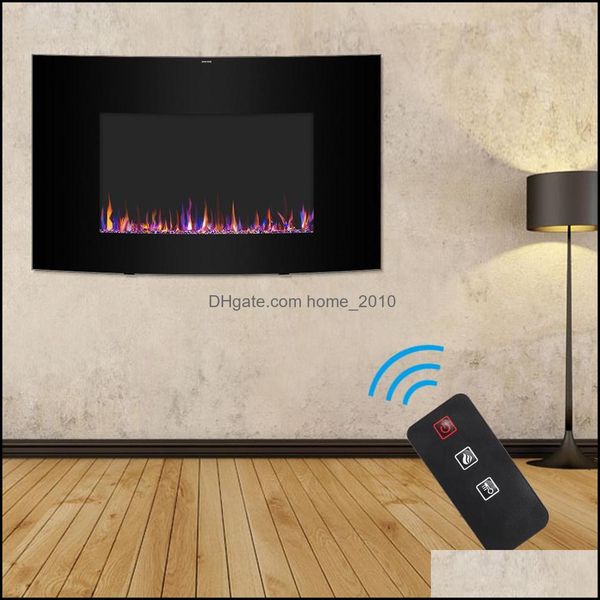 35-inch 1400W wall-mounted electric fireplace with remote, featuring an arc surface and faux wood design for indoor use