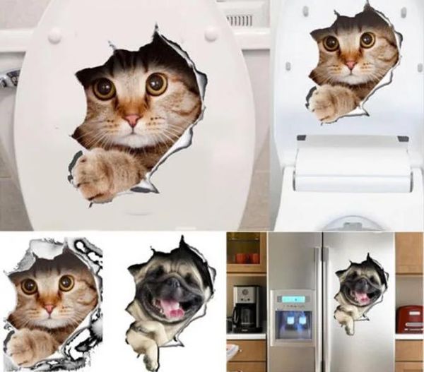 3D animal wall decals for bathroom, featuring cats and dogs in a hole-view design, vibrant vinyl stickers for room decoration, wholesale item 0706026 LL