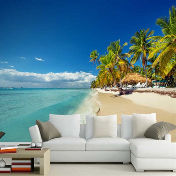 3D beach landscape wallpaper for living room TV wall, bedroom decor, or restaurant murals