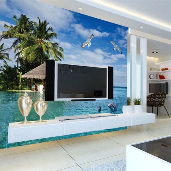 3D beach wave wallpaper for living room and bedroom walls