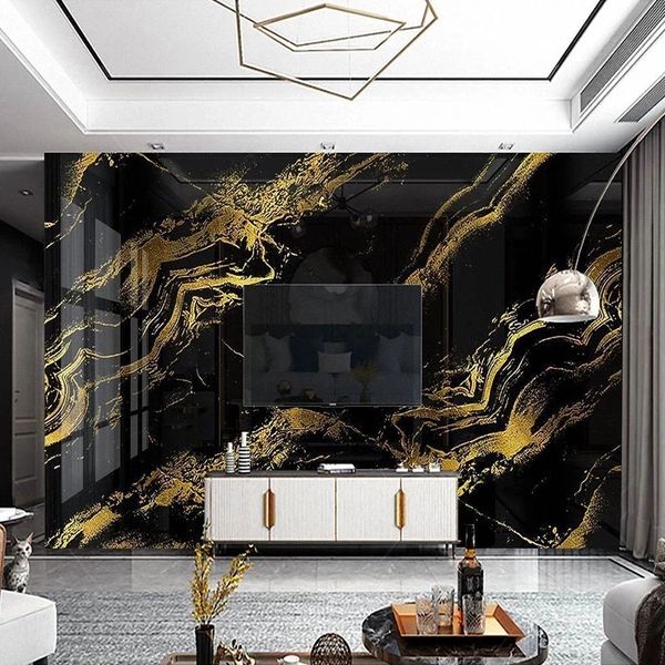 3D black and gold marble-style wallpaper for modern living rooms and bedrooms