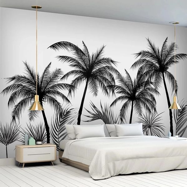 3D black and white coconut tree mural wallpaper for living room and bedroom decor, waterproof