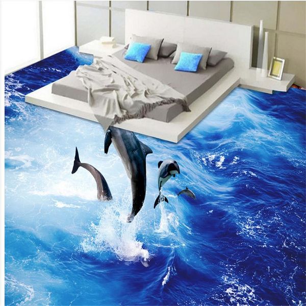 3D blue wave floor murals for living room walls
