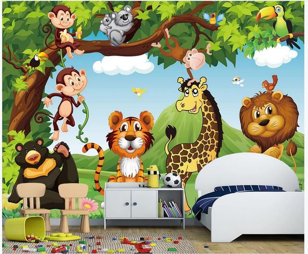 3D cartoon animal world tree mural wallpaper for kids' bedroom decor
