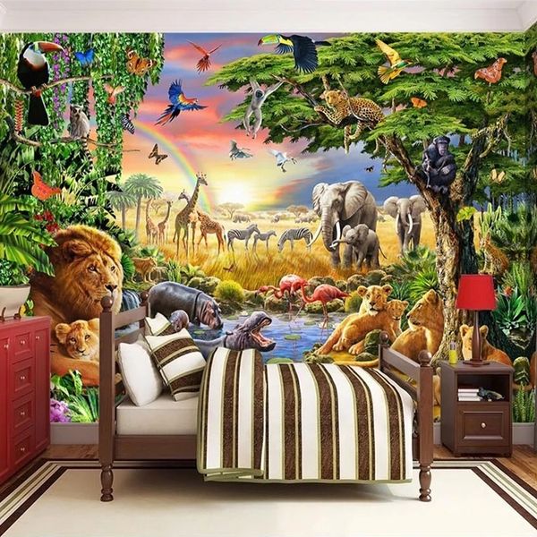 3D cartoon lion mural wallpaper for kids' bedroom decor
