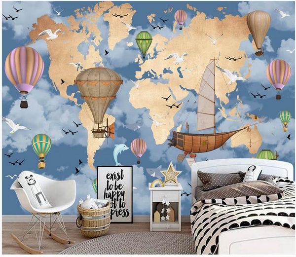 3D cartoon world map balloon wallpaper for kids' rooms, sofa murals, and home decor backgrounds
