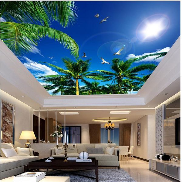 3D ceiling murals featuring coconut trees under a blue sky with white clouds