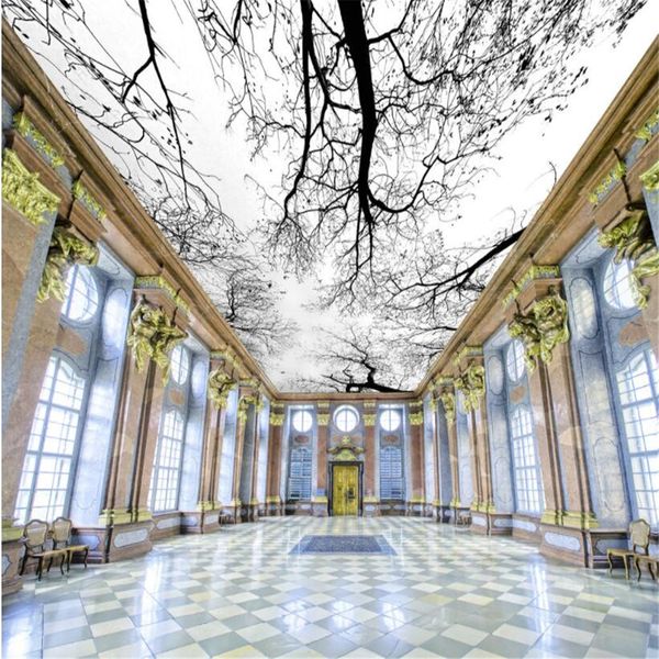 3D ceiling wallpaper featuring modern tree murals for stylish living room and hotel decor