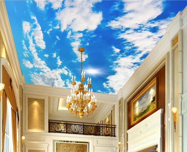3D ceiling wallpaper murals featuring blue skies and white clouds for luxurious home decor in living rooms