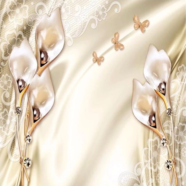 3D Champagne Tulip Jewelry Mural for Luxurious Living Room and Hotel Wall Decor