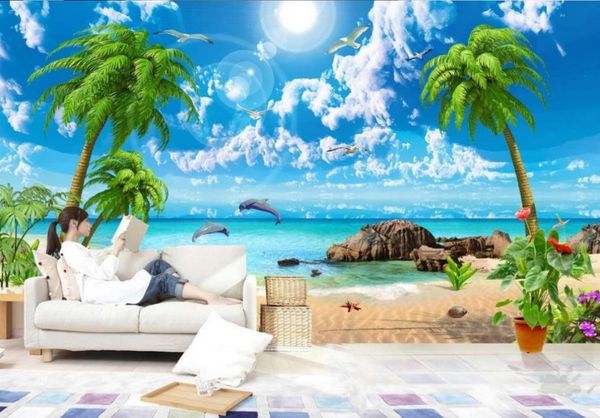 3D coconut tree mural with white clouds for living room or bedroom wall decor