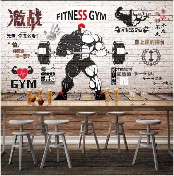 3D custom gym wall murals featuring nostalgic retro sports and weightlifting themes for home and fitness club decoration