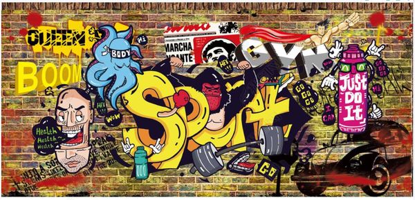 3D custom gym wall murals with modern retro graffiti designs for home decor