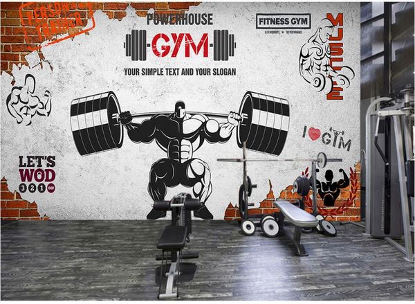 3D custom gym wall murals with retro brick and muscle sports themes for club decor