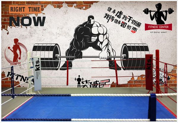 3D custom gym wallpaper featuring retro broken brick and graffiti designs for sports club wall decor