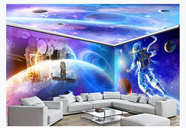 3D custom large dreamy blue space station astronaut mural wallpaper for bedroom TV walls