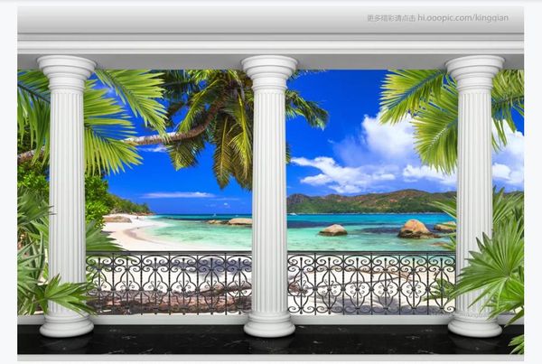 3D custom large photo mural wallpaper featuring a Roman column balcony garden with coconut trees, island seascape as 3D wall background