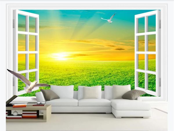 3D custom large photo mural wallpaper featuring a white window view of wilderness sunrise, perfect as a scenic 3D TV backdrop for living rooms