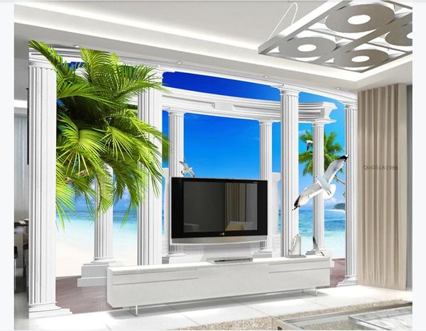 3D custom large photo mural wallpaper featuring European Roman columns and sea, creating a three-dimensional space for living room TV background