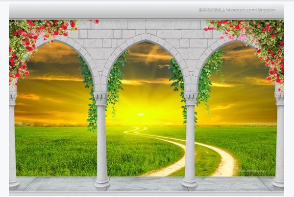 3D custom large photo mural wallpaper featuring Roman columns, arches, floral vines, grassy landscapes for TV and sofa wall backgrounds