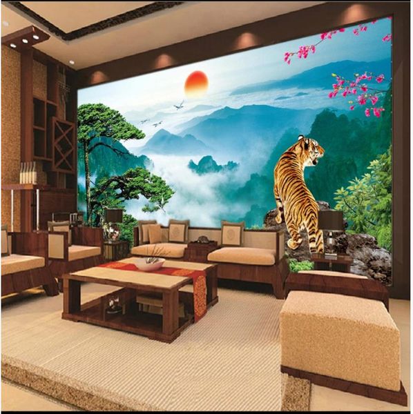 3D custom mural wallpaper featuring a tiger emerging from a mountain in an idyllic landscape, perfect for fashion-forward wall decor