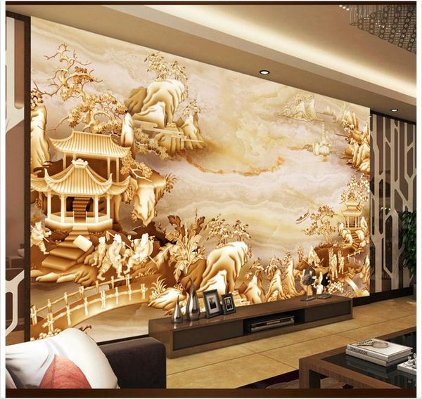 3D custom photo mural wallpaper featuring Chinese embossed landscapes for living room TV background and home decor