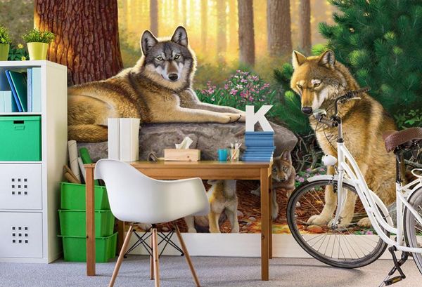 3D custom photo mural wallpaper featuring cute cartoon forest stones with a wolf group animal design, perfect for children's room backgrounds