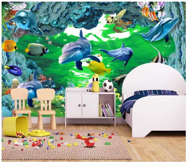 3D custom photo wallpaper featuring a dolphin dream undersea world theme for kids' room decoration